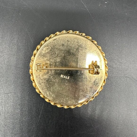 Vintage Italian Micro Mosaic Brooch Pin Daisy Flowers Gold Tone White Black - Picture 4 of 8